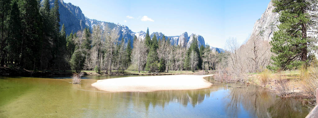 Panorama of valley pond below Yosemite Falls