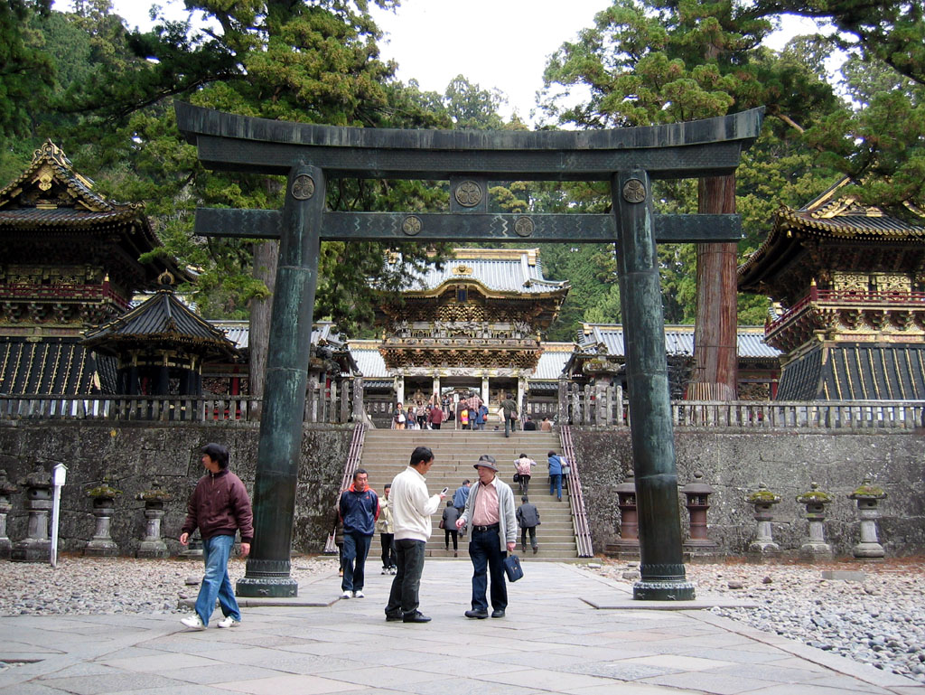 Toshogu Shrine - Approach to Yomeimon Gate framed by bronze torii (gate)