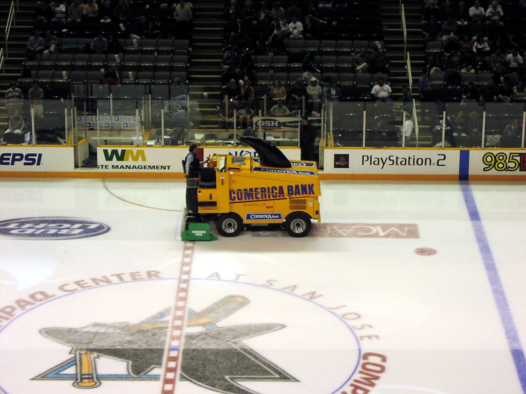 San Jose Arena - The Comerica Bank Zamboni starts cleaning the ice