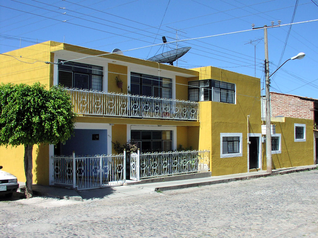 A colorful house with unusually modern details