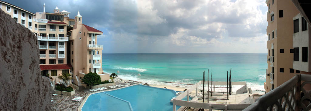 Panorama view from Cancun Plaza towards the Caribbean Sea