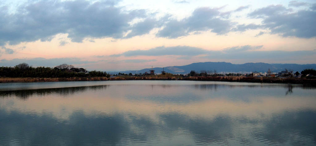 Horyuji Western Precinct - panorama from across pond