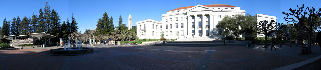 Panorama of Sproul Plaza, dominated by Sproul Hall